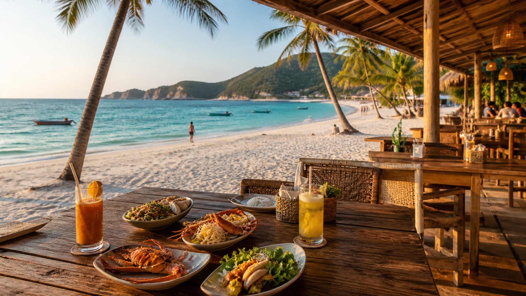คาเฟ่และร้านอาหารริมทะเลบนเกาะล้านในช่วงบ่าย