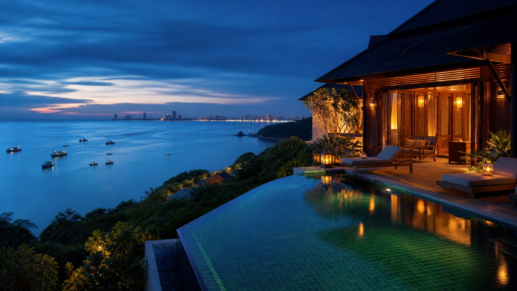 ที่พักบูติกบนเนินเกาะล้านมองเห็นทะเลในช่วงหัวค่ำ