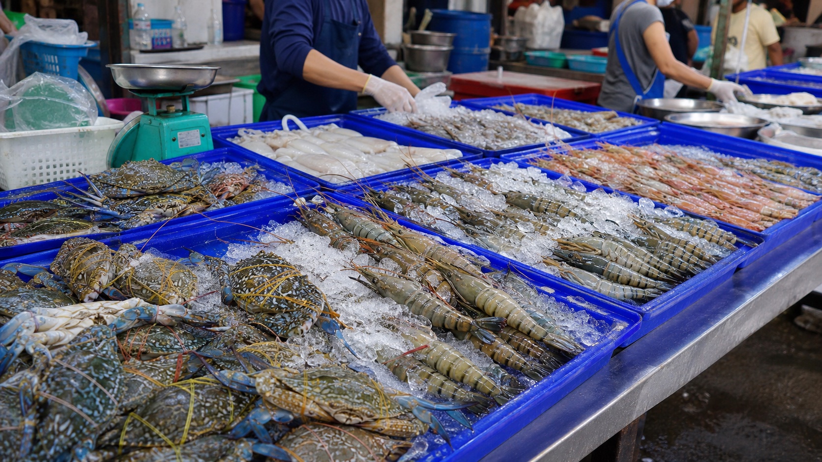 แผงอาหารทะเลสดมีปู กุ้ง และปลาหมึกบนเตียงน้ำแข็ง