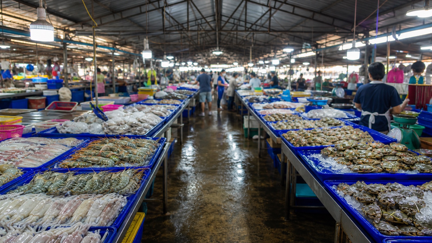 บรรยากาศแผงอาหารทะเลสดภายในตลาดนาเกลือ