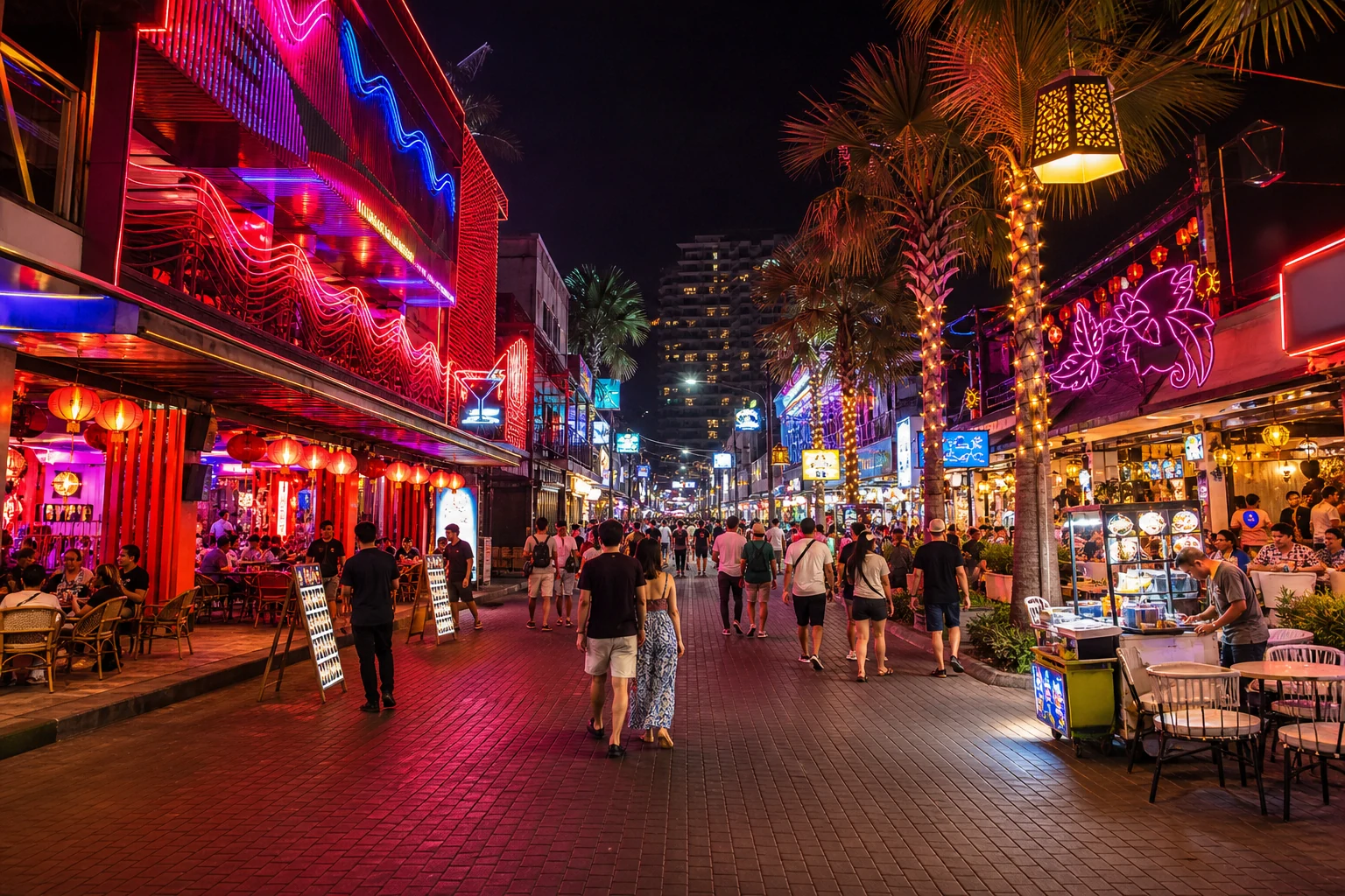 ภาพจำลองถนนยามค่ำในพัทยาที่มีแสงไฟ ร้านอาหาร และผู้คนเดินเที่ยว
