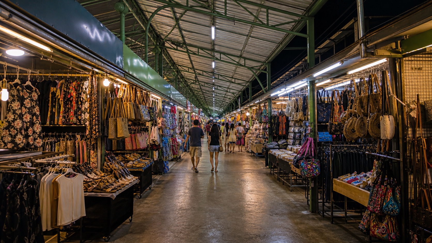 ทางเดินร้านเสื้อผ้า กระเป๋า และของฝากในพัทยาไนท์บาซาร์